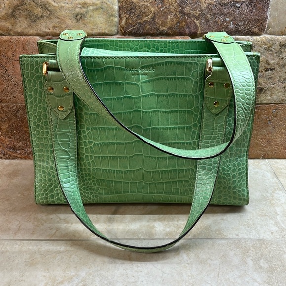 Kate Spade New York Shoulder Bag Hand Purse Green Gold Hardware Croc Embossed - Picture 2 of 15